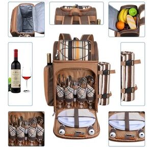 Insulated Picnic Backpack Cooler Set in Brown Plaid